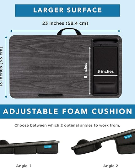 LAPGEAR Extra Large Adjustable Lap Desk – Fits Laptops up to 17.3”, Adjustable Cushion, Memory Foam Wrist Rest, Mouse Pad, Device Ledge, & Phone Slot – Gray Woodgrain - Style No. 88105