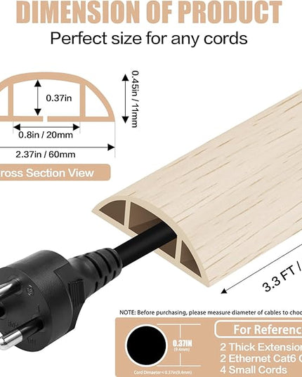 Floor Cord Cover Cavity 0.8"x0.37" Self Adhesive Cord Hider, 3.3FT Low Profile Cable Management, Extension Strip Protector for Wires, Prevent Cable Trips for Offices, Gyms, Exhibitions (Yellow Wood)