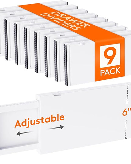 Lifewit 9 Pack Drawer Dividers Plastic 6" High, 13.5-22" Adjustable Drawer Organizers for Clothes, Expandable Dresser Separators in Bedroom/Bathroom/Kitchen/Office Organization and Storage, PLS6