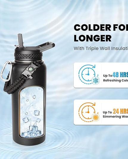 Insulated Water Bottle 32 oz, Triple Wall Vacuum Stainless Steel (Cold for 48 Hrs), Leak Proof & Non-BPA, Modern Water Flask Jug with Paracord Handle & Straw Spout Lids, Magic Black