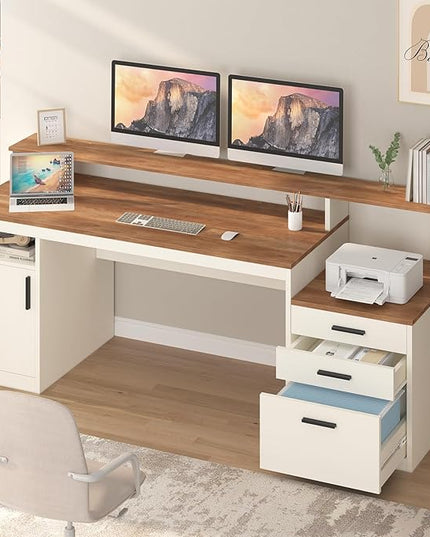 65 Inch Computer Desk with 3 Drawers & Storage Shelves, Executive Desk with File Drawer & Cabinet, Home Office Desk with Long Monitor Stand & Printer Shelf, Antique White