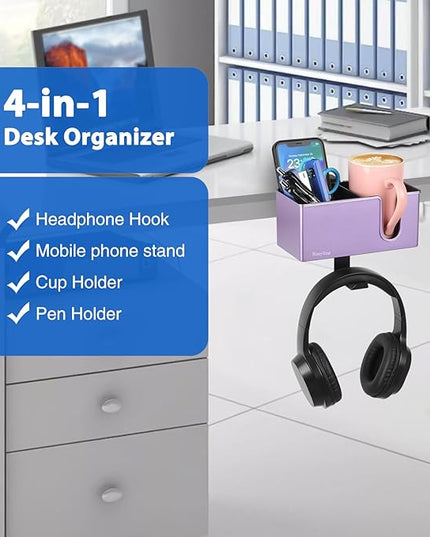 Rosyline 3-in-1 Clip-on Desk Organizer for Expanding Office and Gaming Space - Pen, Headphone, and Desk Item Holder (Purple)