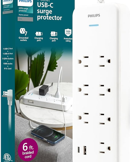Philips 7-Outlet Surge Protector with USB Charging, 6ft Braided Extension Cord, 1USB-A, 1USB-C, 1500J, Adapter Spaced, Outlet Extender Power Strip, White - SPP3983W/37