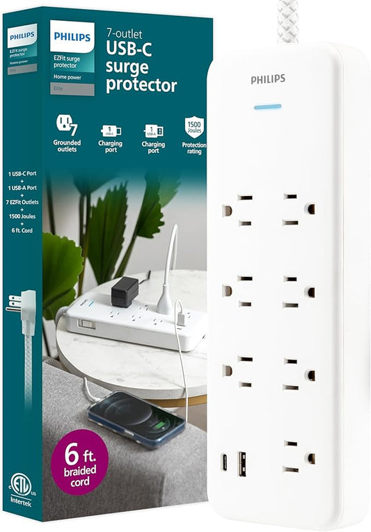 Philips 7-Outlet Surge Protector with USB Charging, 6ft Braided Extension Cord, 1USB-A, 1USB-C, 1500J, Adapter Spaced, Outlet Extender Power Strip, White - SPP3983W/37