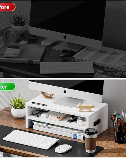 Marbrasse Monitor Stand Riser, 16.5 Inch 2 Tier Computer Printer Shelf Stand for Laptop Computer Screen Storage, Desktop Stand with Phone Holder and Cable Management (White)