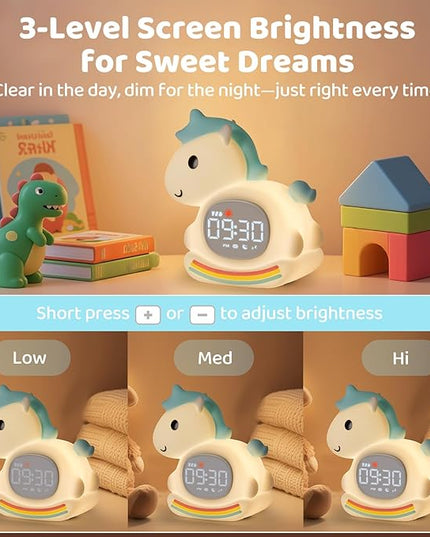 Alarm Clock with Night Light for Kids with Sleep Training and Sound Machine, Rechargeable Silicone Lamp OK to Wake Clock，Cute Animal Tabletop Lamp, Perfect Sleep Companion for Boys Girls，Blue Pony