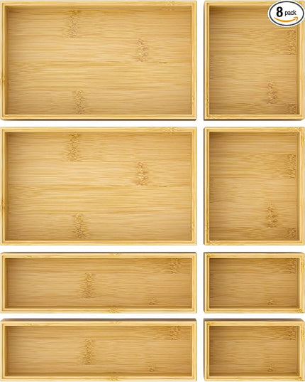Bathroom Drawer Organizer Trays, Bamboo Silverware Drawer Organizer Kitchen Utensils, 8 PCS Wood Box Stackable Bins for Makeup, Office Desk, Vanity, Junk Drawer