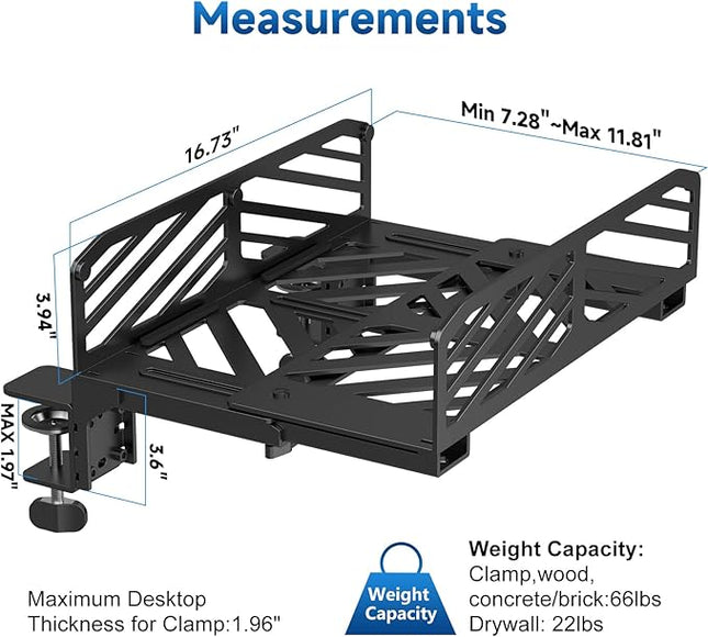 Suptek Clamp-on Desk Extender PC Desk Mount Holder,Standard and Large Gaming Computer Case Stand, Adjustable Width PC Mount, Black