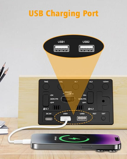 fomobest Wooden Digital Alarm Clock with Dual USB Charging Ports, DST, Dimmable, Snooze, Modern Large Time Display LED Clock for Kids Bedrooms, Living Room, Desk, Table, Bedside, Nightstand (Bamboo)