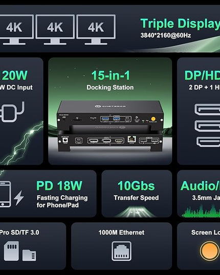 USB C Laptop Docking Station 3 Monitors Triple 3840*2160@60Hz Display with 120W Power Supply Computer PD 100W 15 in 1 Thunderbolt Dock Station for Multiple Monitors with USB 3.2 Port SD/Micro SD Solt