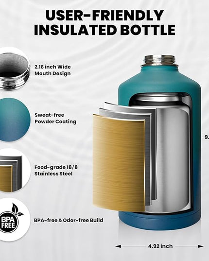 Insulated Water Bottle 64 oz, Triple Wall Vacuum Stainless Steel (Cold for 48 Hrs), Leak Proof & Non-BPA, Half Gallon Water Flask Jug with Paracord Handle & Straw Spout Lids, Cyan Blue