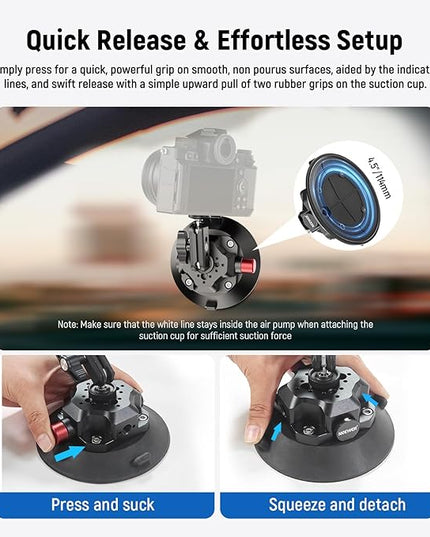 NEEWER 4.5" Suction Cup Camera Mount with Ball Head Magic Arm, 1/4" 3/8" ARRI Holes, Quick Release Car Mount with Phone Holder & Action Cam Adapter Compatible with iPhone DJI Insta360, CA105