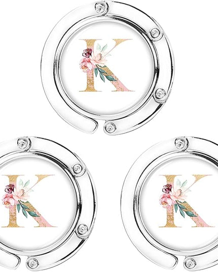 3pcs Personalized Initial Foldable Purse Hook for Table, Flower Letter Folding Handbag Hanger Portable Magnet Table Hook Holder, Collection Desk Purse Hooks for Women Bag (Pink-K)