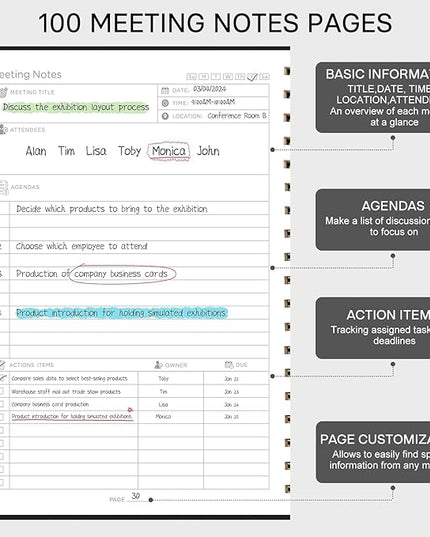 EMSHOI Meeting Notebook for Work - B5 Half Meeting Half Note Planner, 100 Pages, 100GSM Thick Paper, Hardcover, Project Organizer for Women Men Office, Business, Note Taking, 8"x10.2" - Black