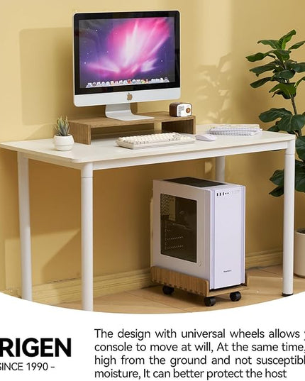 KIRIGEN Computer Tower Stand Cart - Heavy Duty Desktop Mobile Cart Holder for Computer Host with 4 Mute Caster Wheels - Wood Rolling ATX PC Case Rack, CPU Case Protecting Shelf (ZJJ Dark Brown)