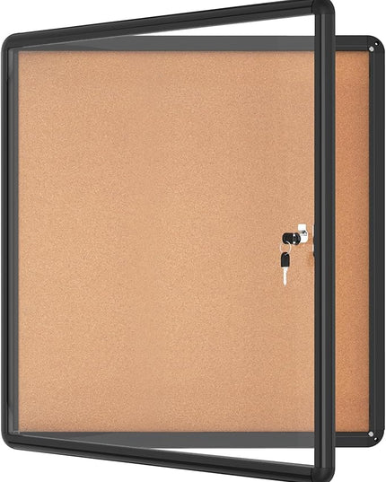 Mifuro 28"x26" Enclosed Bulletin Board, Lockable Weather-Resistant Aluminum Cork Noticeboard for School & Office, Black Frame w/Cork