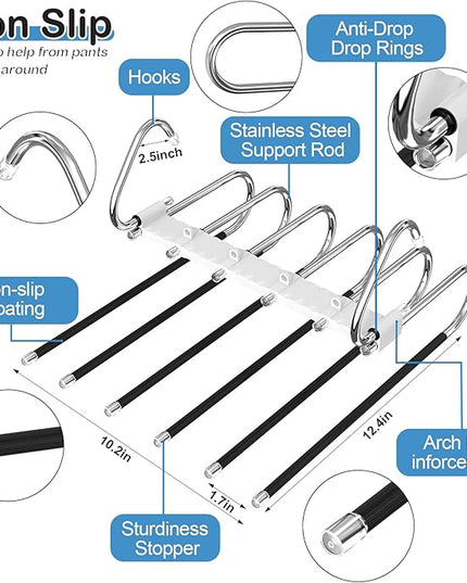Upgrade 6 Layers Pants Hangers Space Saving, 2 Pack Non Slip Stainless Steel Multifunctional Pants Rack S-Type Pant Closet Hanger Organizer with Hooks for Pants Leggings Trousers, Antiquewhite
