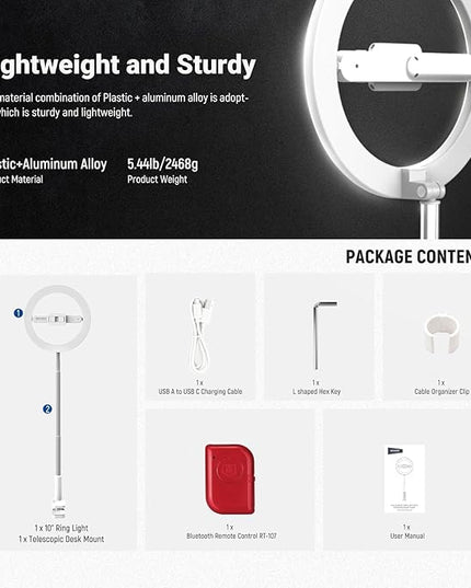 NEEWER Entry Level Version 10" 7W LED Selfie Ring Light with Desk Clamp Stand Phone Holder for iPhone, Laptop Video Conference Streaming Recording Makeup Lighting, 3 Tones 3000mAh Rechargeable, N16