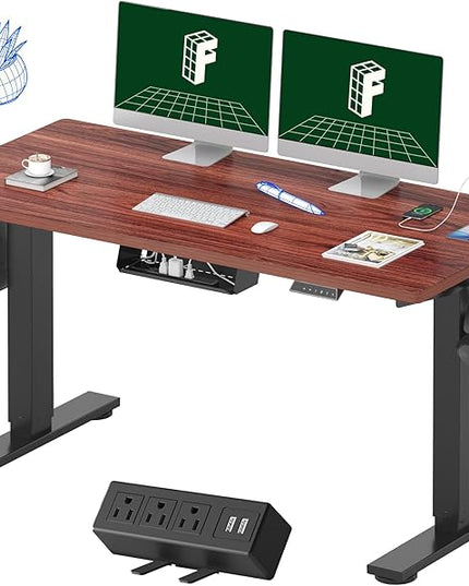 FLEXISPOT EN2 Whole-Piece Standing Desk with Clamp Power Strip, 55 x 28 Electric Stand Up Height Adjustable Desk with Cable Management (Black Frame + 55" Mahogany Top, 2 Packages)