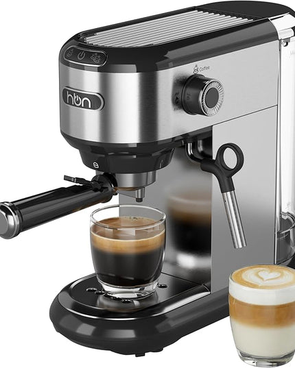 HBN 20 Bar Espresso Machine with Milk Frother, Compact Espresso Maker for Ground Coffee, Stainless Steel Coffee Machine with Steam Wand & 34oz Removable Water Tank, 1450W for Home & Office