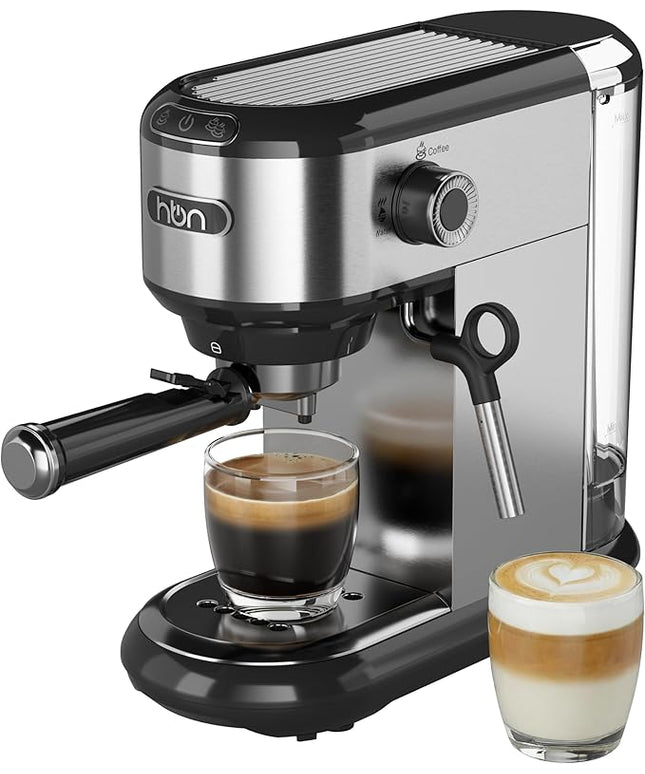 HBN 20 Bar Espresso Machine with Milk Frother, Compact Espresso Maker for Ground Coffee, Stainless Steel Coffee Machine with Steam Wand & 34oz Removable Water Tank, 1450W for Home & Office
