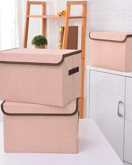 Linen Fabric Foldable Storage Cube Bin Organizer Basket with Flip-Top Lid & Handles, Large Clothes Blanket Box for Home, Office, Closet, Pink, 4 Pack 14.6 x 9.5 x 9.5”