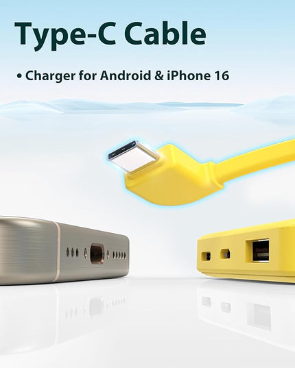 miisso 6000mah Ultra Slim Built in Cables Power Bank, Card Size Built in USB C Cords Battery Pack Portable Charger for Phones, 3 Output External Battery Pack Compatible with iPhone, Yellow