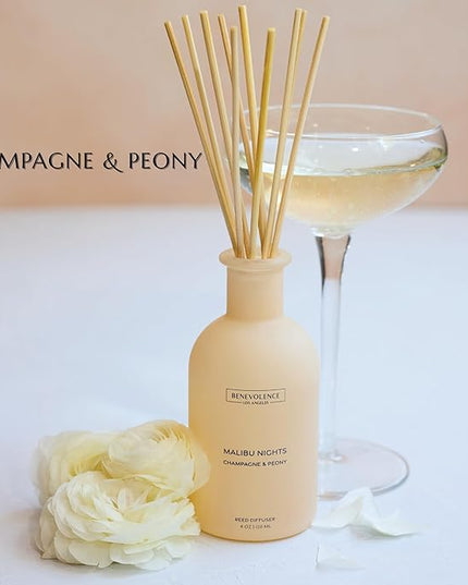 Benevolence LA Reed Diffuser - Champagne & Peony | Luxurious Home & Bathroom Decor | Long-Lasting Scent Diffusers for Home - Malibu Sands Collection