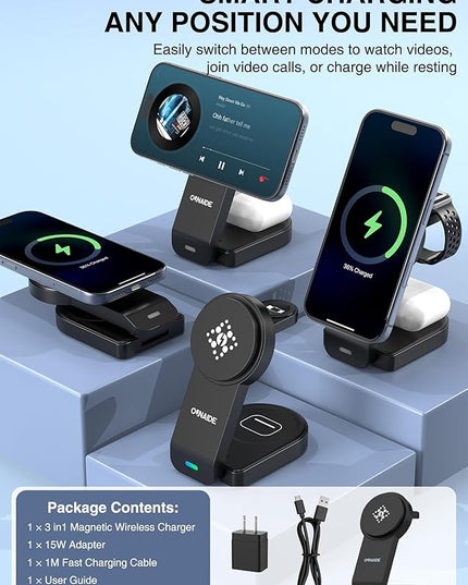3 in 1 Charging Station for Apple MagSafe Charger, Foldable Wireless Charging Station Magnetic Wireless Charger Stand for iPhone 17 Air/16/15/14/13/12 Series/Apple Watch10-2/Airpods (Black)