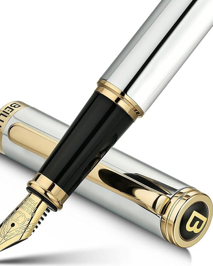BEILUNER Silver Chrome Fountain Pen,Stunning Luxury with 24K Gold Accents, Gorgeous 24K Gilded Nib(Fine), Trustworthy Pen Gift for Men&Women -Ink Converter-Elegant, Graduation,Nice Pen for Writing