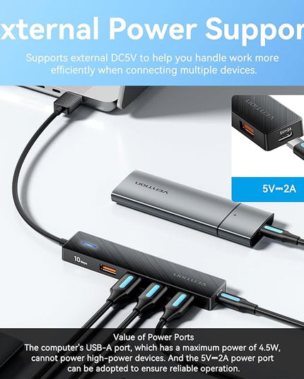 VENTION 10Gbps USB 3.2 Hub, USB Hub with 4 USB A 3.2 Ports, USB 3.2 Gen 2 Splitter USB Expander for Chromebook Surface Pro 3 iMac PS4 Laptop Xbox Flash Drive