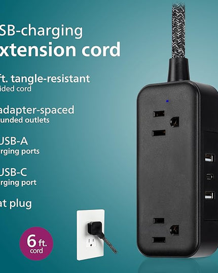 Philips 2-Outlet Extension Cord, 1 USB-C, 2 Type-A Ports, Braided Extension Cord with Multiple Outlets, Flat Plug Power Strip, Power Strip with USB Ports, ETL Listed, Black, SPS3564B/37