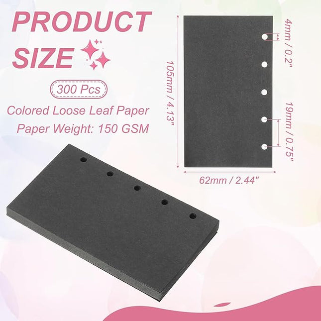 PATIKIL Colored Loose Leaf Paper, 4.1" x 2.5"(A8) 300 Sheets 5 Holes Punched 150GSM Blank Binder Refill Paper Supplies for Office Note Taking Teacher Planner Journal Notebook, Black