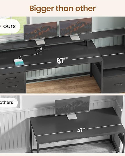 SEDETA Computer Desk with 5 Drawer, Power Outlet & Led Lights, 66'' Home Office Desk with File Drawer, Storage, Monitor Shelf, Gaming Desk, Black