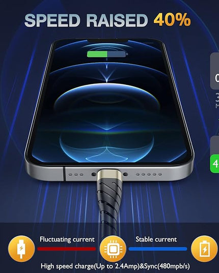 OIITH MFi Certified for iPhone Charger Cable 3 Pack 6 Ft, Long for Lightning Charging Cord, Fast 2.4A for iPhone USB Cord Compatible with iPhone12/11/XS/Max/XR/X/8/8P/7P/6/iPad - Gold