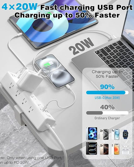 40W Fast Charging Station,Desk Clamp Power Strip,4 USB-C Ports & 8 AC Outlets,Desktop Edge Mount Surge Protector Power Strip,14AWG Heavy Duty Cord,Fit 1.9" Tabletop Edge for Home Office(10Ft Cable)