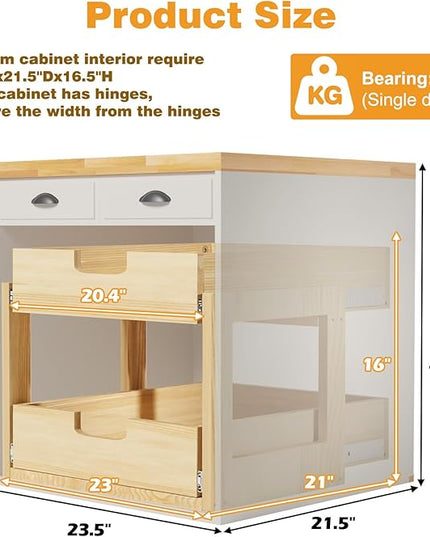 Gsskny Pull Out Cabinet Organizer, 23''W×21''D Sliding Drawers for Cabinets, 2 Tier Soft Close Slide Out Wooden Pull out Drawers, Base Cabinet Organization for Kitchen, Pantry, Bathroom