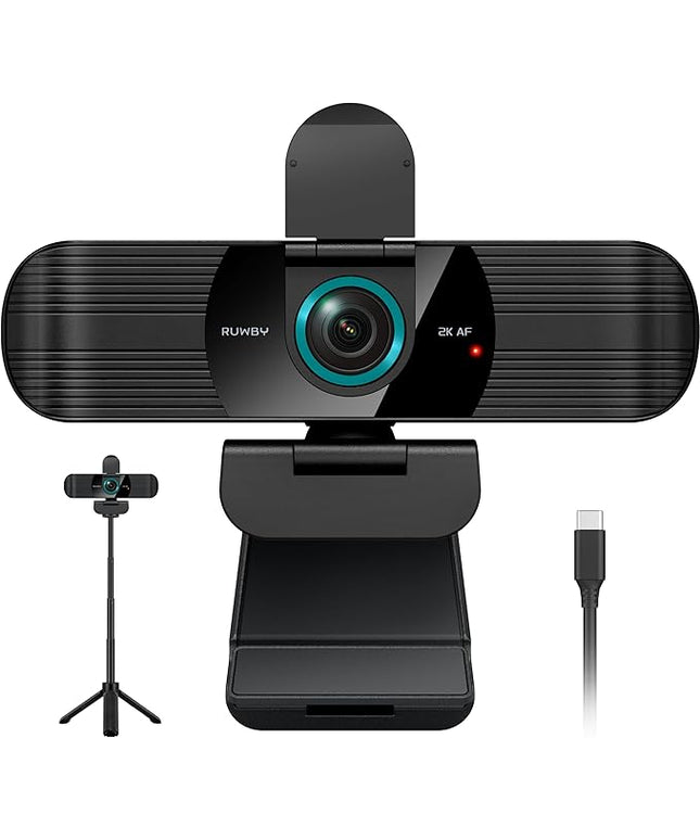 RUWBY QHD 2K Webcam with Built-in Dual Mics, Wide-Angle Lens, Privacy Cover, Tripod Stand, Autofocus PC Camera, Plug and Play for Desktop Computer or Laptop