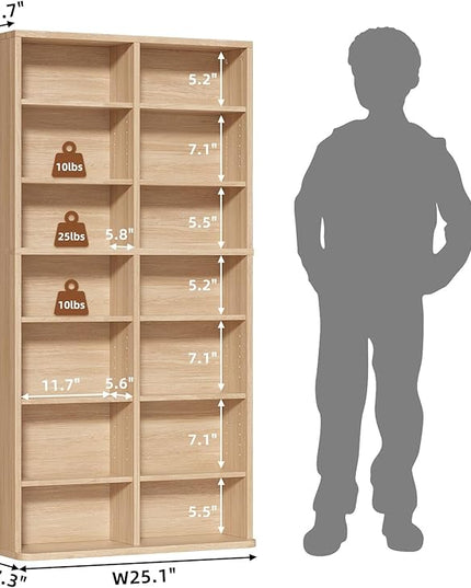 LELELINKY 7 Tier Tall Display Cabinet, Natural Media Storage Cabinet with Adjustable Shelves, Free Standing DVD Organizer Shelf, Floor multimedia storage manga bookshelf for Living Room & Home Office.