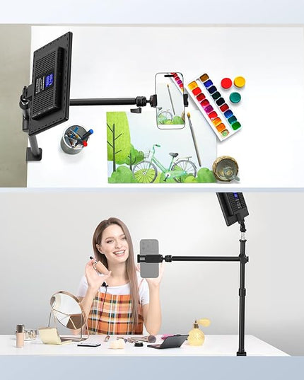 NEEWER Overhead Camera Desk Mount with Swivel Boom Arm, 1/4" Ball Head, Phone Holder & C Clamp, 22"/55.5cm Adjustable Webcam Mic Stand for LED Light Microphone Streaming Zoom Video Recording, DS024