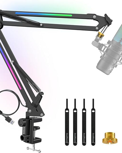 ZealSound RGB Microphone Arm Stand,Mic Arm with RGB Light for QuadCast/Blue Yeti/Snowball/Shure SM7B/Rode NT1/Elgato,Rotatable Suspension Boom Scissor Stand for Gaming Streaming Podcasting YouTube