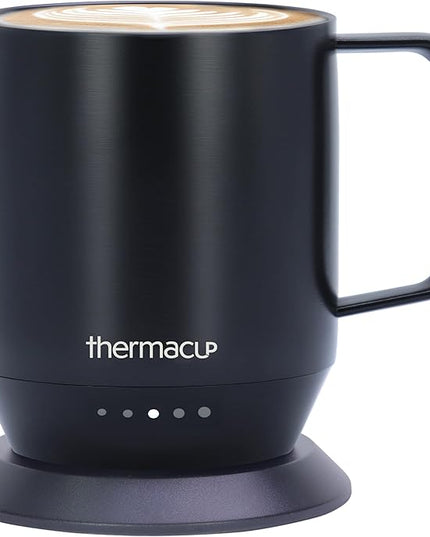 THERMACUP Mega 8-Hour Battery Self-Heating Coffee Mug with | Temperature Controlled Steel Smart Mug with Lid, 14oz (12oz with Lid) | Perfect Holiday Gift for Coffee & Tea Lovers
