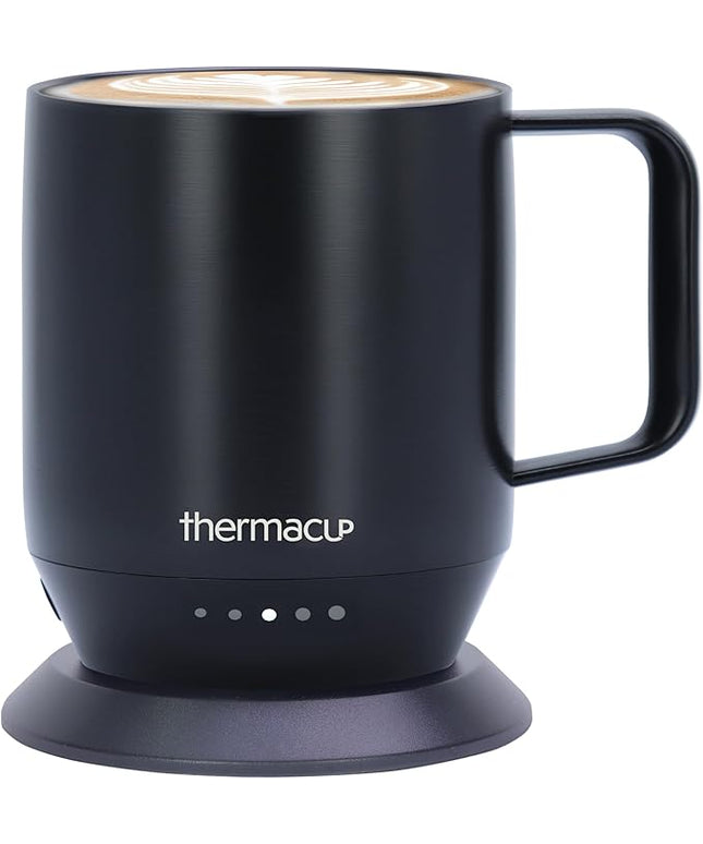 THERMACUP Mega 8-Hour Battery Self-Heating Coffee Mug with | Temperature Controlled Steel Smart Mug with Lid, 14oz (12oz with Lid) | Perfect Holiday Gift for Coffee & Tea Lovers