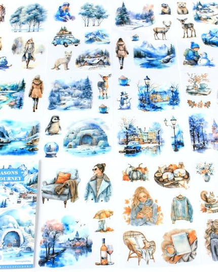 Dwpetzo Winter Pre-Cut Journal Sticker Book for Junk Journaling, Transparent PET White Snow Landscape Stickers for Scrapbook Supplies, Scrapbooking, Collage, Planners, Bujo, 20 Sheets