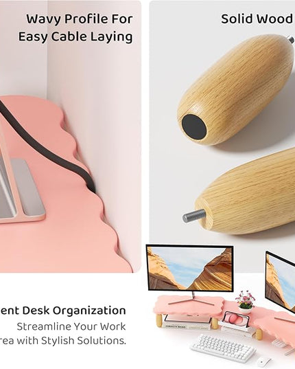 Dual Monitor Riser, Cookie-Shaped Adjustable Length & Swivel Angle, Wooden Desktop Organizer for 2 Monitors,Monitor Stand with Drawer for Laptop, PC, Computer, Printer,Pink