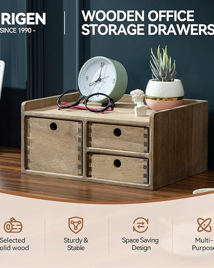 KIRIGEN Desk Organizer with 3 Drawers - Wood Drawer Storage Box with Trays for Tabletop - Workspace Office Toiletries Supplies Tool Caddy - Wooden Storage Cabinet1 Layer Dark Brown（DT1D3C-DBR）
