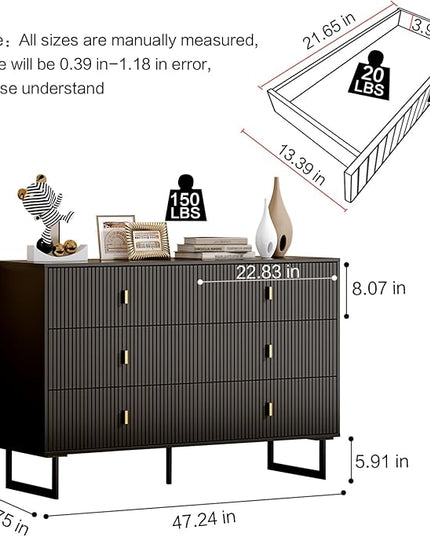 Chrangmay Modern Chest of Drawers with 6 Drawers,Deep Drawers,Clothes Organizer,Large Storage Cabinet for Living Room, Bedroom,Hallway,with Anti-Tipping Device,Black
