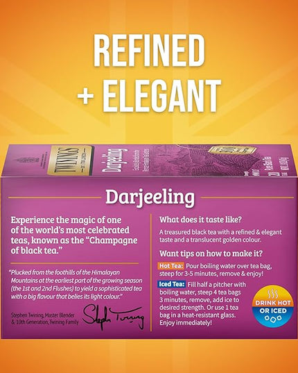 Twinings Darjeeling Black Tea Individually Wrapped Bags, 20 Count (Pack of 1), Delicate Light Taste, Caffeinated, Enjoy Hot or Iced, 20 Teabags