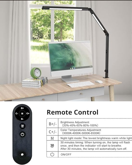 LED Desk Lamp with Clamp, Architect Desk Lamp for Home Office with Remote Control, Swing Arm Clamp on Computer Light, Clip-on Eye-Care Adjustable 5 Brightness Levels Table Light for Working Drafting