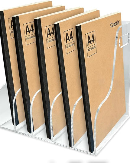 5-Tier Clear Acrylic File Holder, Vertical Document Organizer for Magazines, Binders, Notebooks & Envelopes - Multi-Purpose Desk Storage for Home Office（A4,5 Sections）